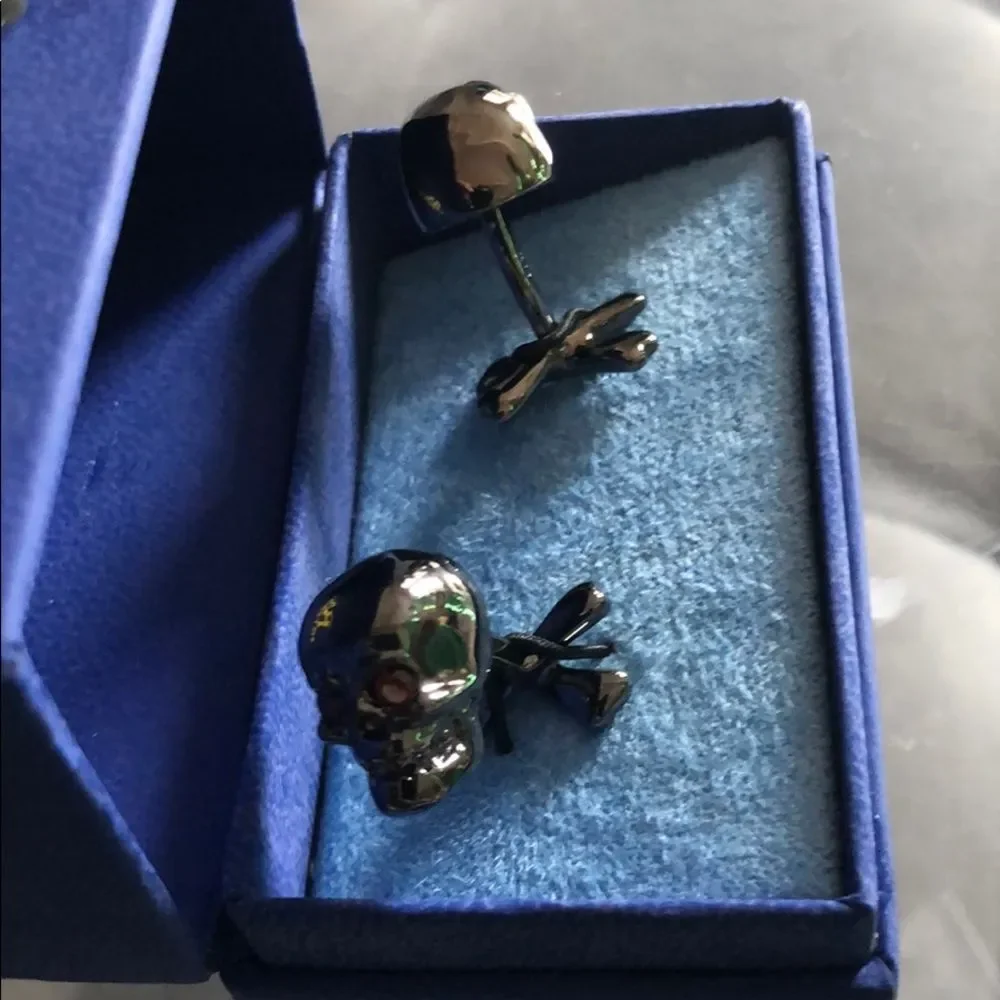 Robin Rotenier 925 Sterling Silver Skull Cufflinks Red Stone Eyes NEW